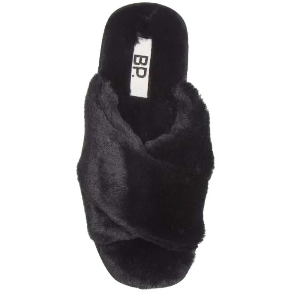 Nordstrom BP. Women's Mae Cross Strap Faux Fur Black Slippers